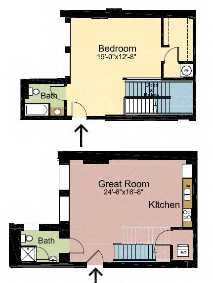Floor plan for 1 bed, 2 baths, 860 sqft